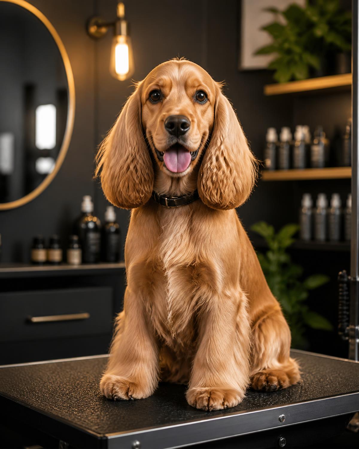 Freshly groomed cocker spaniel sitting happily in the Brijilands grooming studio